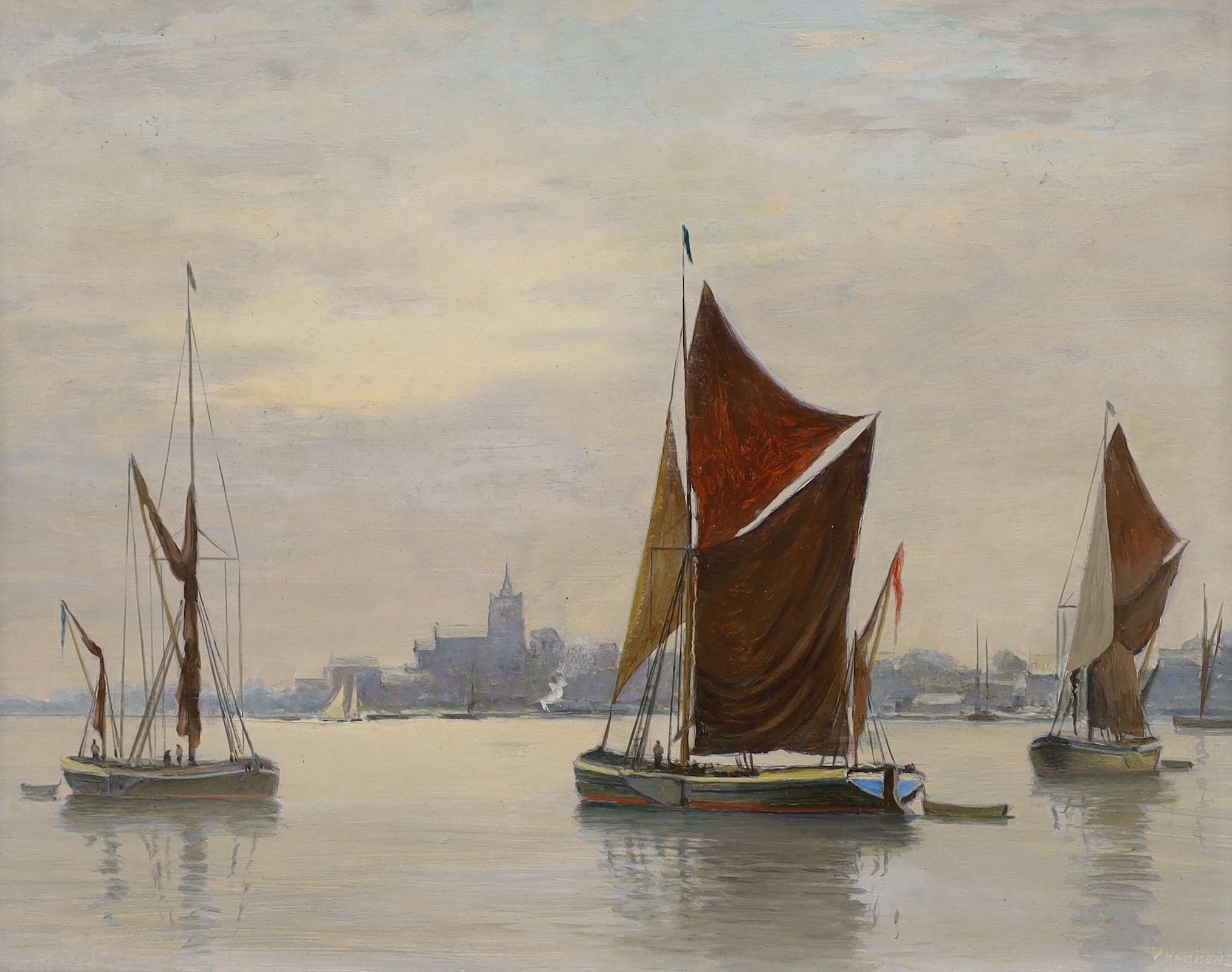 Albert Vavasour Hammond FRSA (1900-1985), pair of oils on board, 'Southwark' and 'Thames Barges', signed, 32 x 39cm